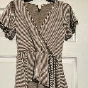 Striped white and brown V-neck blouse